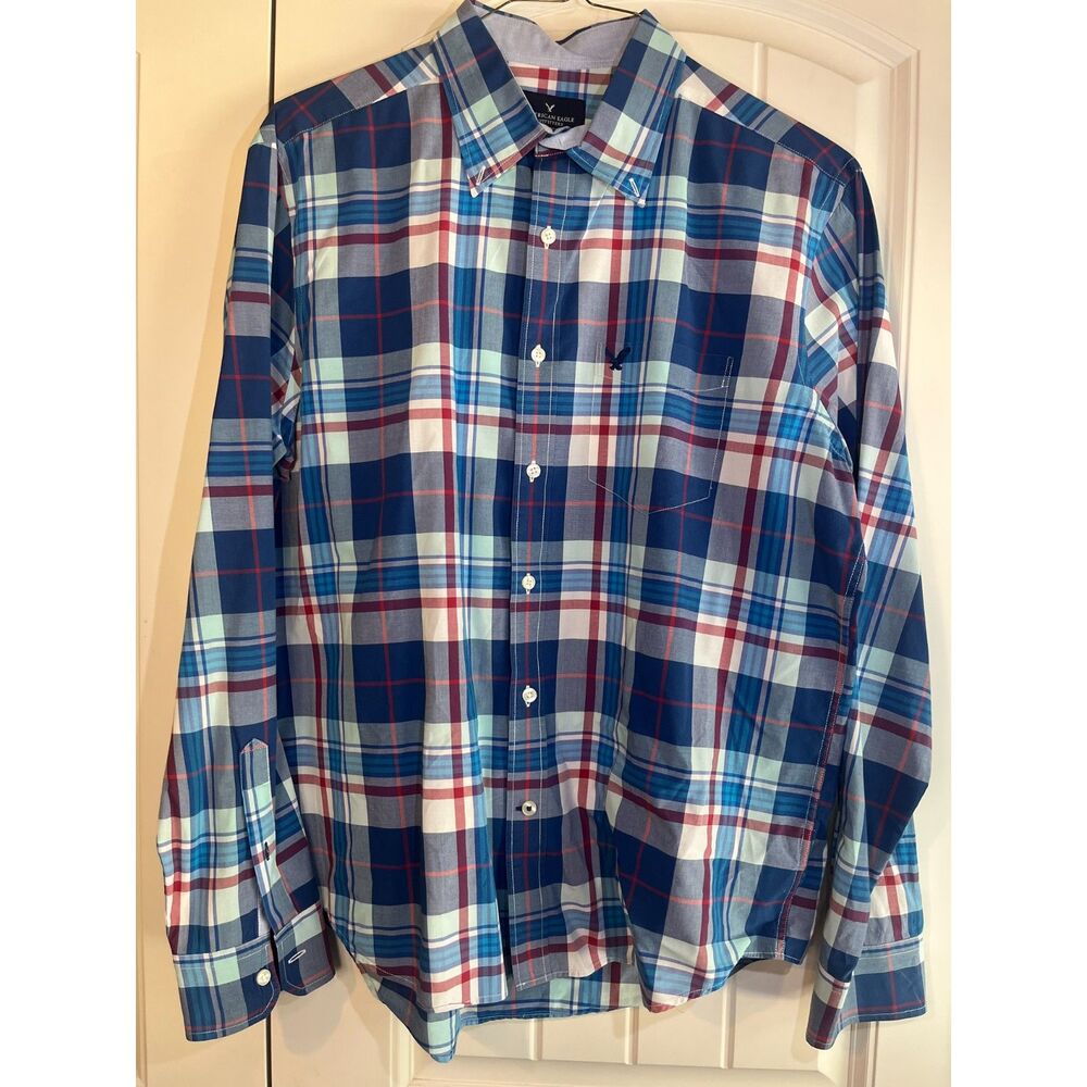 American Eagle Classic Fit Plaid Button Down Shirt Men's Large Blue Burgundy